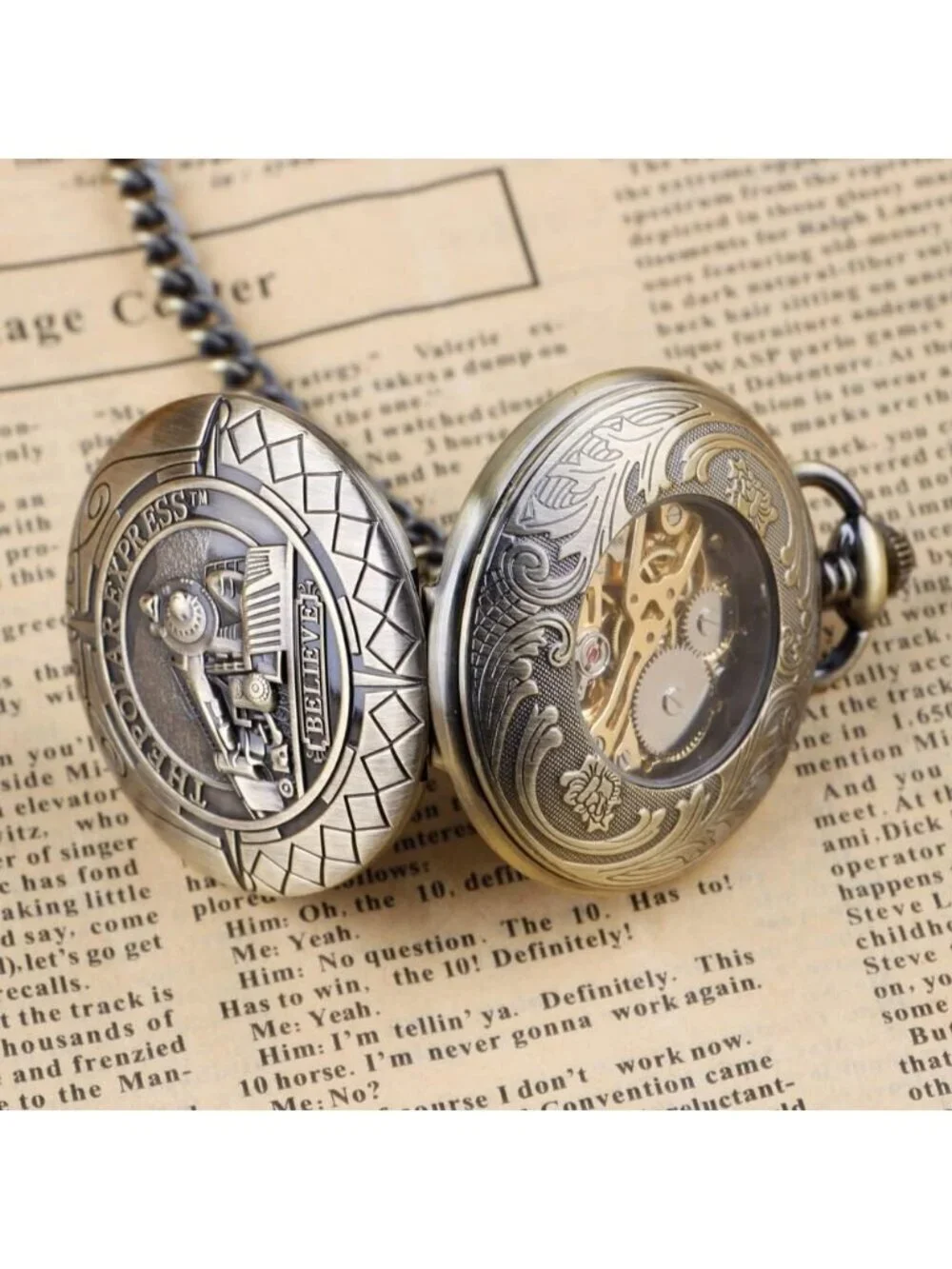 Mens Gold Bronze Railroad Skeleton Roman Numerals Hollow Mechanical Pocket Watch